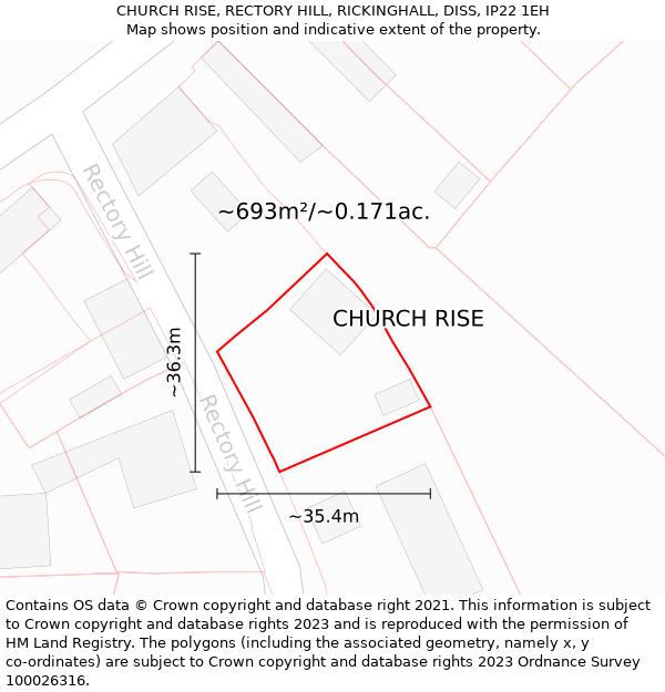 CHURCH RISE, RECTORY HILL, RICKINGHALL, DISS, IP22 1EH: Plot and title map
