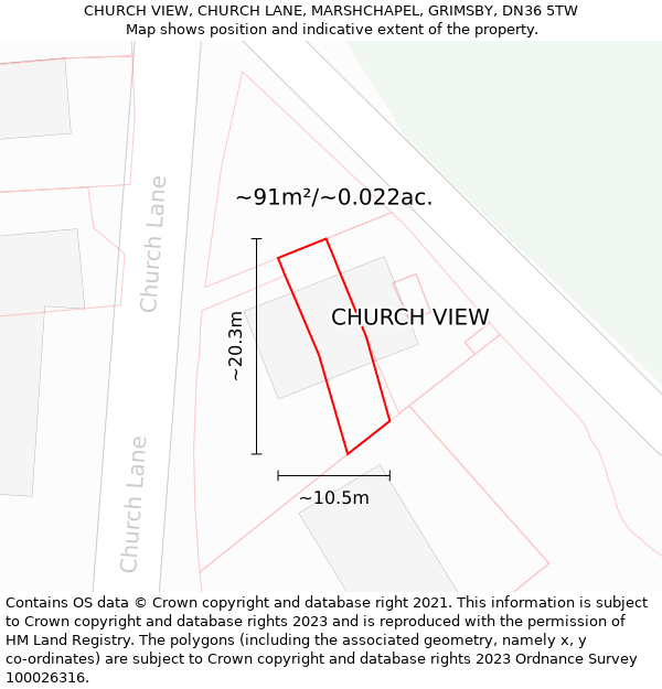 CHURCH VIEW, CHURCH LANE, MARSHCHAPEL, GRIMSBY, DN36 5TW: Plot and title map
