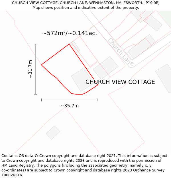 CHURCH VIEW COTTAGE, CHURCH LANE, WENHASTON, HALESWORTH, IP19 9BJ: Plot and title map