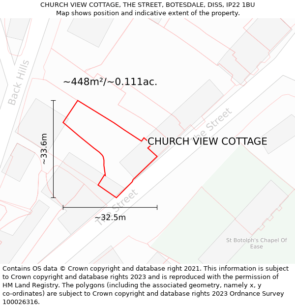 CHURCH VIEW COTTAGE, THE STREET, BOTESDALE, DISS, IP22 1BU: Plot and title map