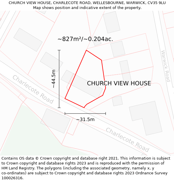 CHURCH VIEW HOUSE, CHARLECOTE ROAD, WELLESBOURNE, WARWICK, CV35 9LU: Plot and title map
