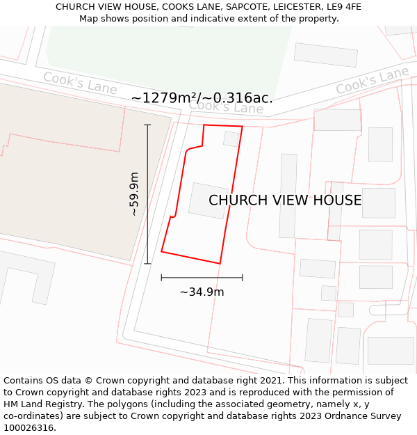 CHURCH VIEW HOUSE, COOKS LANE, SAPCOTE, LEICESTER, LE9 4FE: Plot and title map