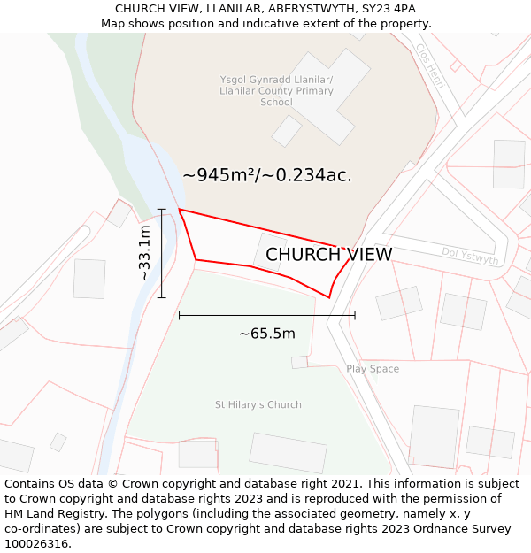 CHURCH VIEW, LLANILAR, ABERYSTWYTH, SY23 4PA: Plot and title map