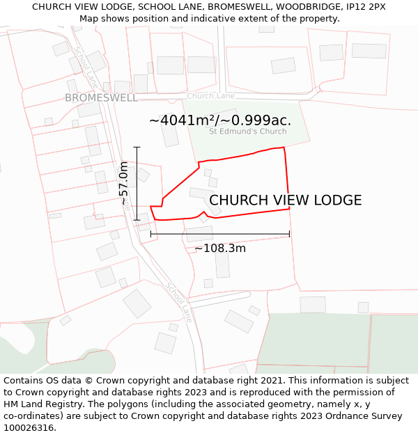 CHURCH VIEW LODGE, SCHOOL LANE, BROMESWELL, WOODBRIDGE, IP12 2PX: Plot and title map
