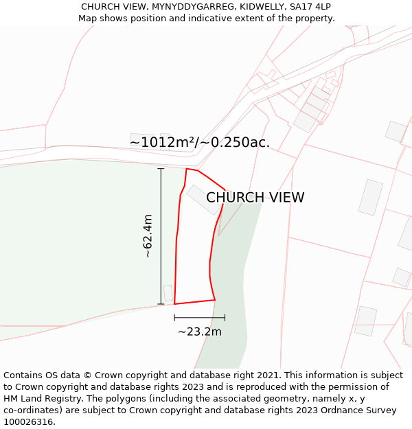 CHURCH VIEW, MYNYDDYGARREG, KIDWELLY, SA17 4LP: Plot and title map