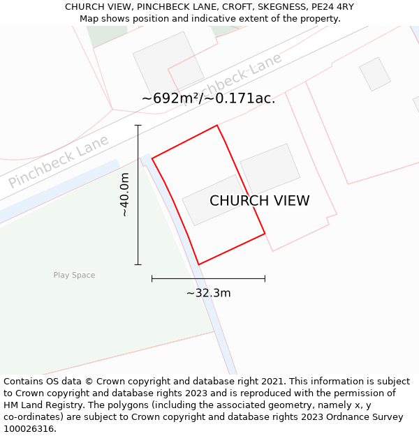 CHURCH VIEW, PINCHBECK LANE, CROFT, SKEGNESS, PE24 4RY: Plot and title map