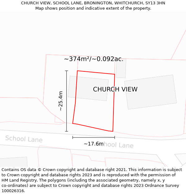 CHURCH VIEW, SCHOOL LANE, BRONINGTON, WHITCHURCH, SY13 3HN: Plot and title map