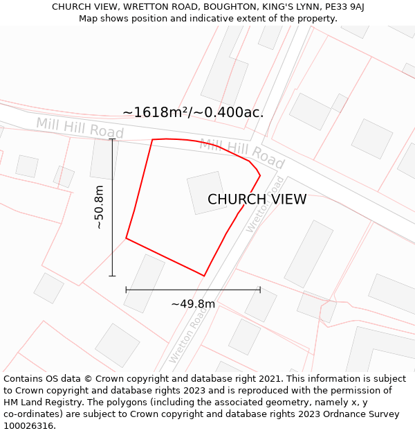 CHURCH VIEW, WRETTON ROAD, BOUGHTON, KING'S LYNN, PE33 9AJ: Plot and title map