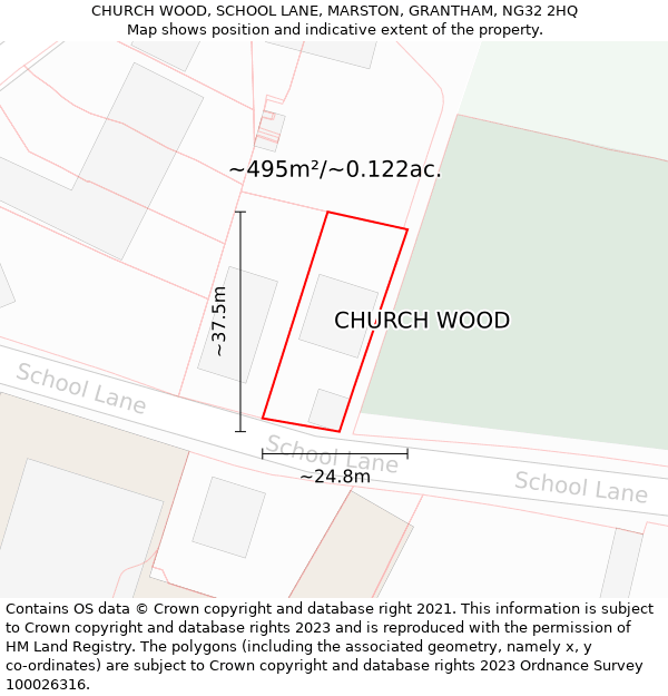 CHURCH WOOD, SCHOOL LANE, MARSTON, GRANTHAM, NG32 2HQ: Plot and title map