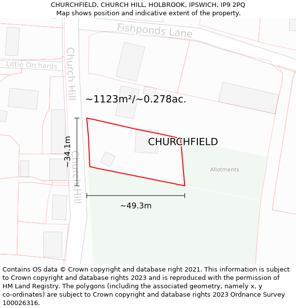 CHURCHFIELD, CHURCH HILL, HOLBROOK, IPSWICH, IP9 2PQ: Plot and title map