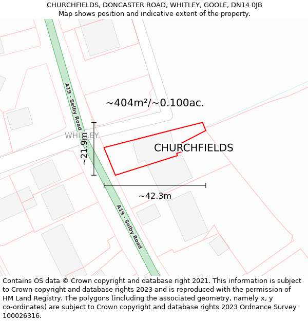 CHURCHFIELDS, DONCASTER ROAD, WHITLEY, GOOLE, DN14 0JB: Plot and title map