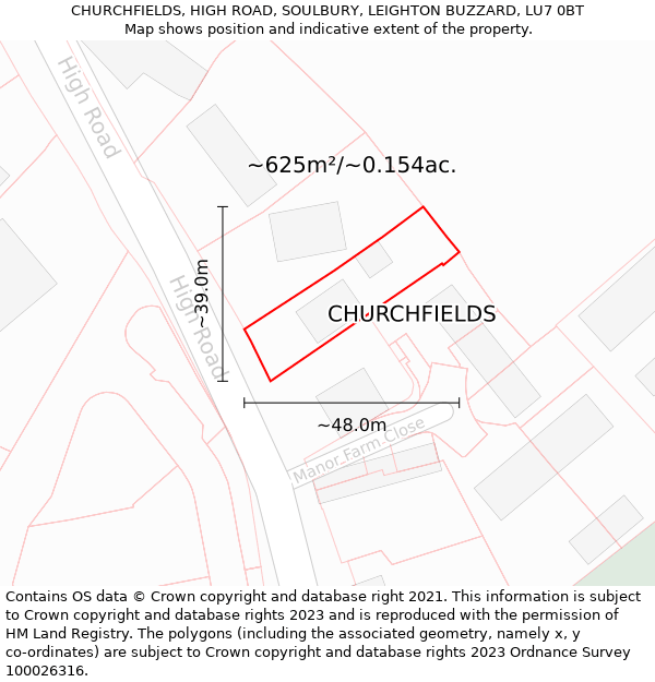 CHURCHFIELDS, HIGH ROAD, SOULBURY, LEIGHTON BUZZARD, LU7 0BT: Plot and title map