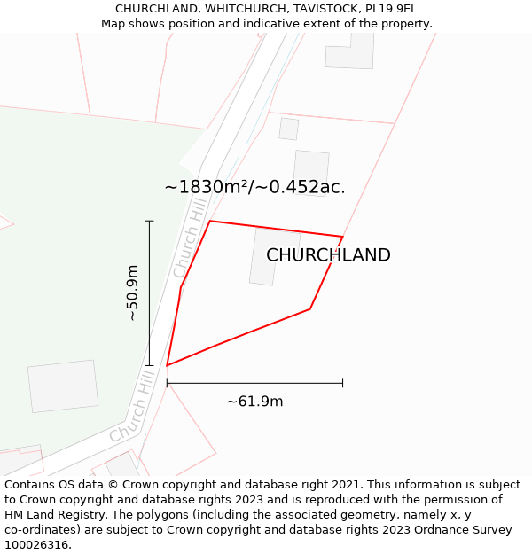 CHURCHLAND, WHITCHURCH, TAVISTOCK, PL19 9EL: Plot and title map