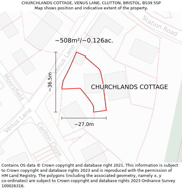 CHURCHLANDS COTTAGE, VENUS LANE, CLUTTON, BRISTOL, BS39 5SP: Plot and title map