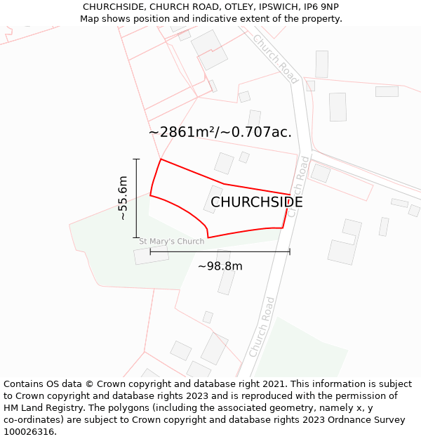 CHURCHSIDE, CHURCH ROAD, OTLEY, IPSWICH, IP6 9NP: Plot and title map