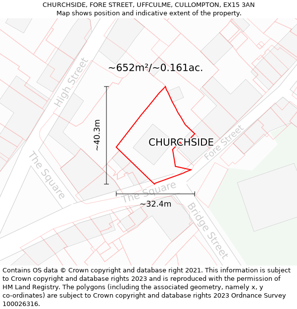 CHURCHSIDE, FORE STREET, UFFCULME, CULLOMPTON, EX15 3AN: Plot and title map