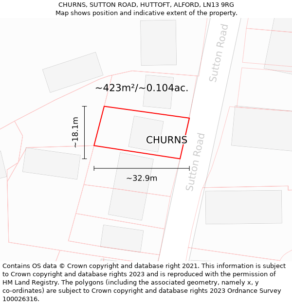 CHURNS, SUTTON ROAD, HUTTOFT, ALFORD, LN13 9RG: Plot and title map