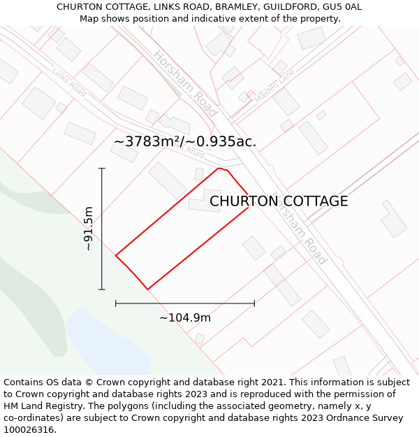 CHURTON COTTAGE, LINKS ROAD, BRAMLEY, GUILDFORD, GU5 0AL: Plot and title map