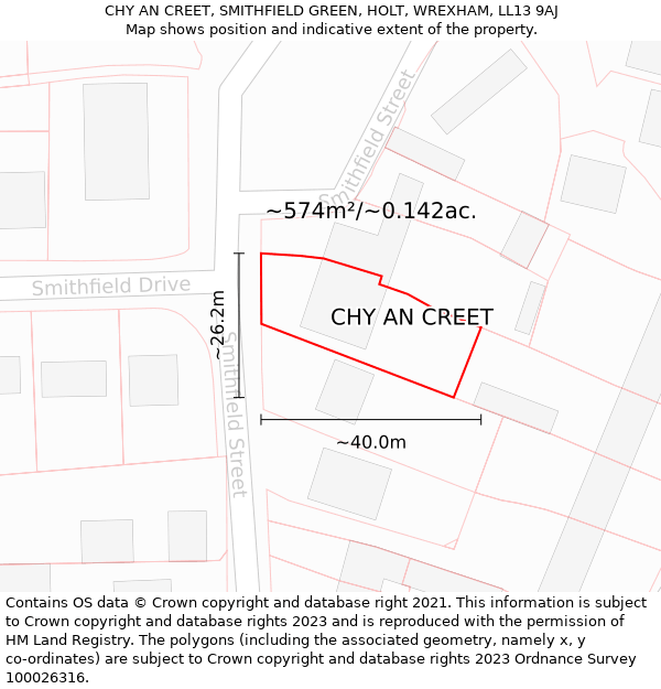 CHY AN CREET, SMITHFIELD GREEN, HOLT, WREXHAM, LL13 9AJ: Plot and title map