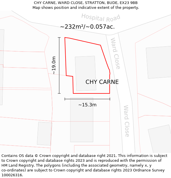 CHY CARNE, WARD CLOSE, STRATTON, BUDE, EX23 9BB: Plot and title map