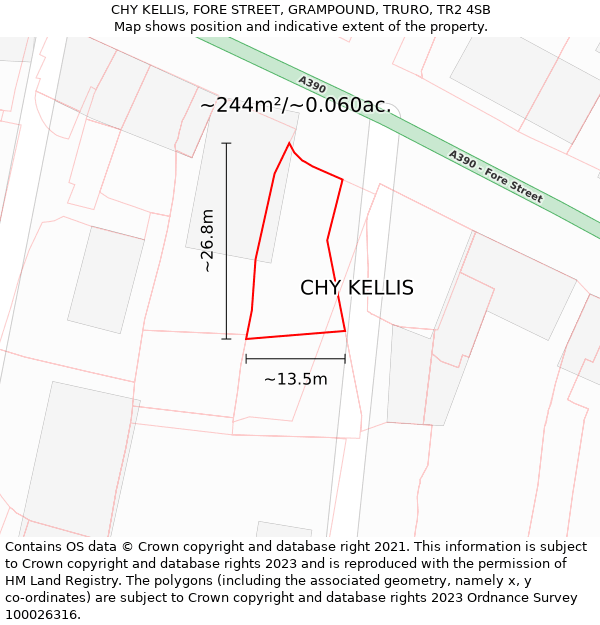 CHY KELLIS, FORE STREET, GRAMPOUND, TRURO, TR2 4SB: Plot and title map