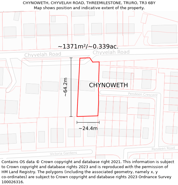 CHYNOWETH, CHYVELAH ROAD, THREEMILESTONE, TRURO, TR3 6BY: Plot and title map