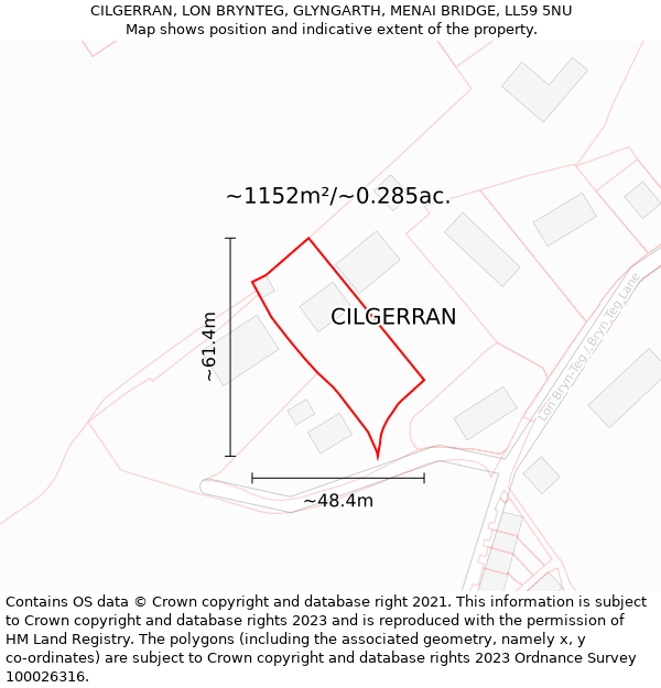 CILGERRAN, LON BRYNTEG, GLYNGARTH, MENAI BRIDGE, LL59 5NU: Plot and title map