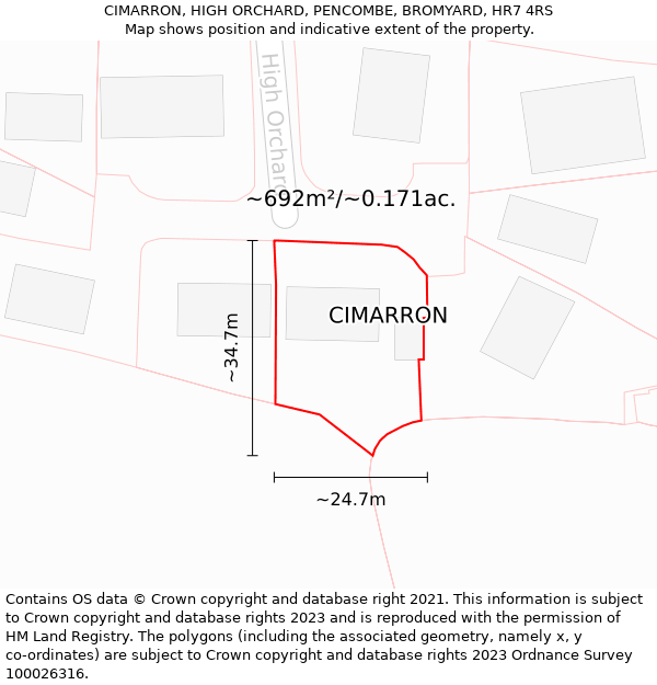 CIMARRON, HIGH ORCHARD, PENCOMBE, BROMYARD, HR7 4RS: Plot and title map