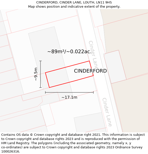 CINDERFORD, CINDER LANE, LOUTH, LN11 9HS: Plot and title map