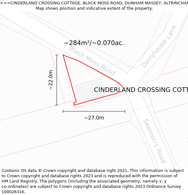 CINDERLAND CROSSING COTTAGE, BLACK MOSS ROAD, DUNHAM MASSEY, ALTRINCHAM, WA14 5RF: Plot and title map