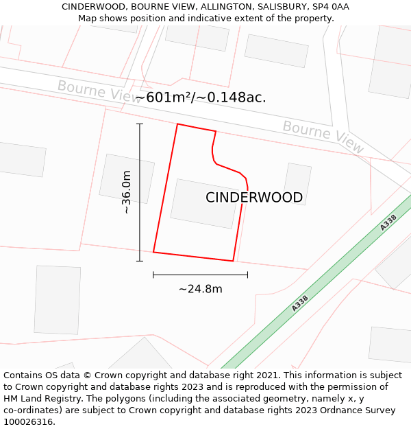 CINDERWOOD, BOURNE VIEW, ALLINGTON, SALISBURY, SP4 0AA: Plot and title map