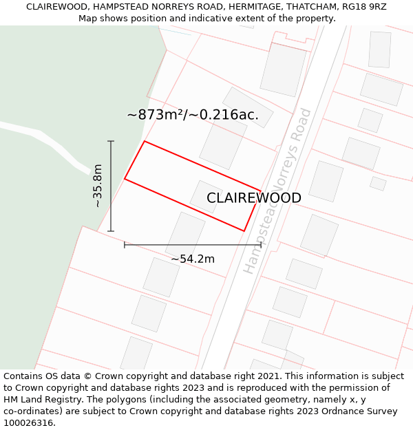 CLAIREWOOD, HAMPSTEAD NORREYS ROAD, HERMITAGE, THATCHAM, RG18 9RZ: Plot and title map