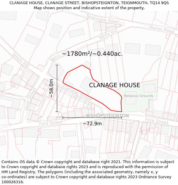 CLANAGE HOUSE, CLANAGE STREET, BISHOPSTEIGNTON, TEIGNMOUTH, TQ14 9QS: Plot and title map