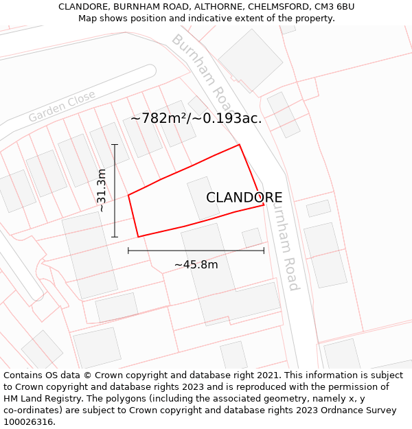 CLANDORE, BURNHAM ROAD, ALTHORNE, CHELMSFORD, CM3 6BU: Plot and title map