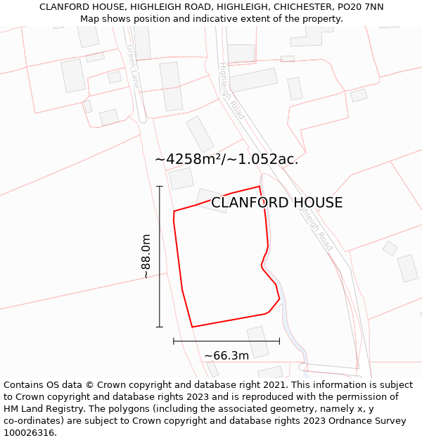 CLANFORD HOUSE, HIGHLEIGH ROAD, HIGHLEIGH, CHICHESTER, PO20 7NN: Plot and title map