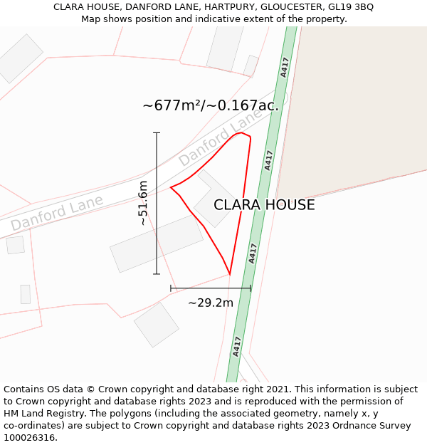 CLARA HOUSE, DANFORD LANE, HARTPURY, GLOUCESTER, GL19 3BQ: Plot and title map