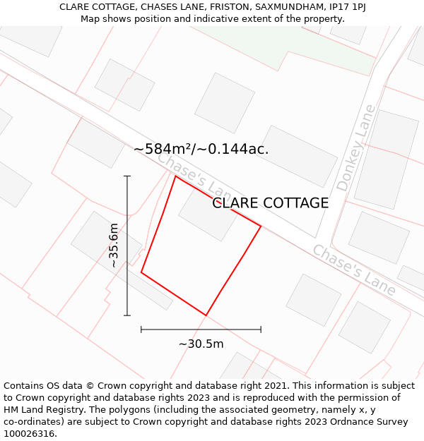 CLARE COTTAGE, CHASES LANE, FRISTON, SAXMUNDHAM, IP17 1PJ: Plot and title map