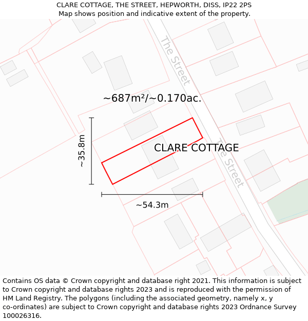 CLARE COTTAGE, THE STREET, HEPWORTH, DISS, IP22 2PS: Plot and title map