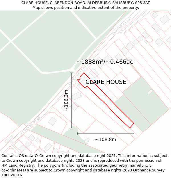 CLARE HOUSE, CLARENDON ROAD, ALDERBURY, SALISBURY, SP5 3AT: Plot and title map