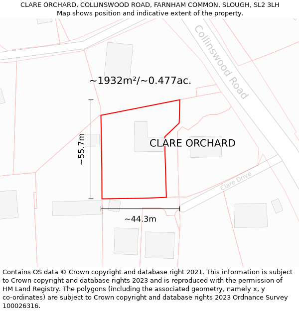 CLARE ORCHARD, COLLINSWOOD ROAD, FARNHAM COMMON, SLOUGH, SL2 3LH: Plot and title map