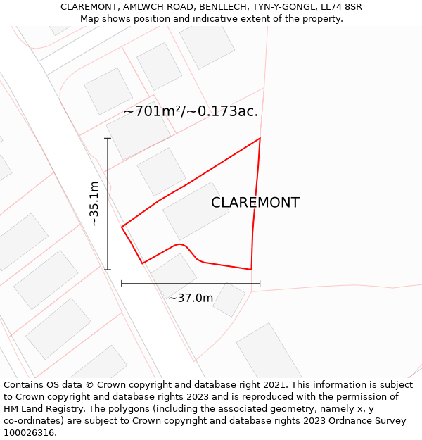 CLAREMONT, AMLWCH ROAD, BENLLECH, TYN-Y-GONGL, LL74 8SR: Plot and title map