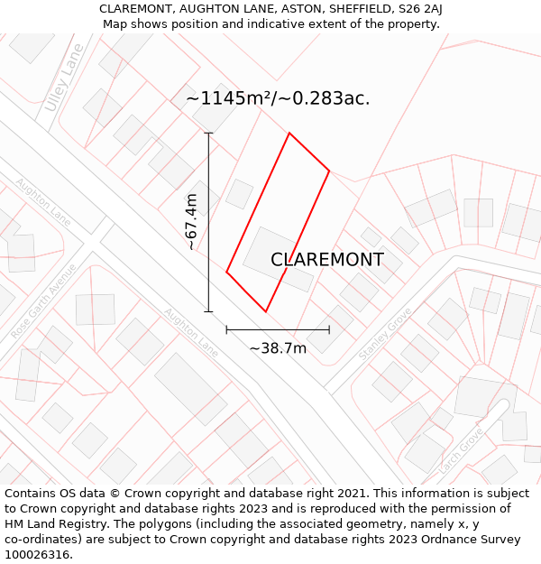 CLAREMONT, AUGHTON LANE, ASTON, SHEFFIELD, S26 2AJ: Plot and title map