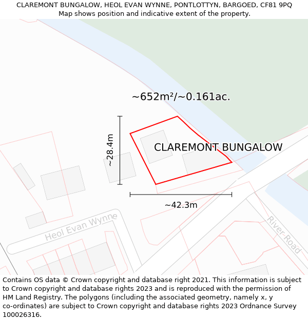 CLAREMONT BUNGALOW, HEOL EVAN WYNNE, PONTLOTTYN, BARGOED, CF81 9PQ: Plot and title map