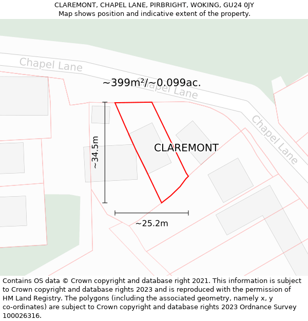 CLAREMONT, CHAPEL LANE, PIRBRIGHT, WOKING, GU24 0JY: Plot and title map