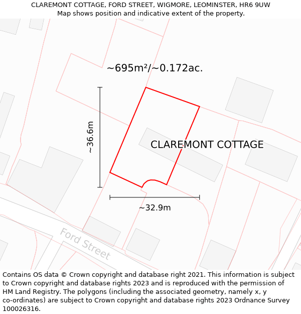 CLAREMONT COTTAGE, FORD STREET, WIGMORE, LEOMINSTER, HR6 9UW: Plot and title map