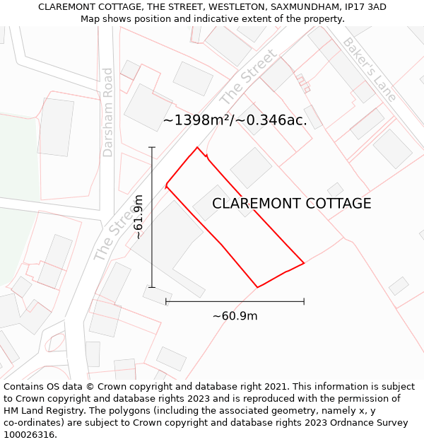 CLAREMONT COTTAGE, THE STREET, WESTLETON, SAXMUNDHAM, IP17 3AD: Plot and title map