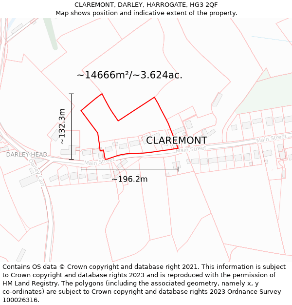 CLAREMONT, DARLEY, HARROGATE, HG3 2QF: Plot and title map