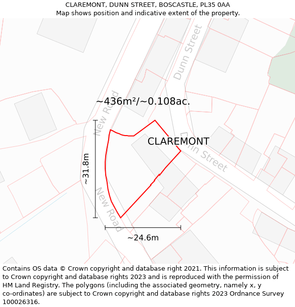 CLAREMONT, DUNN STREET, BOSCASTLE, PL35 0AA: Plot and title map