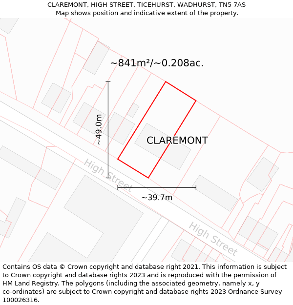 CLAREMONT, HIGH STREET, TICEHURST, WADHURST, TN5 7AS: Plot and title map