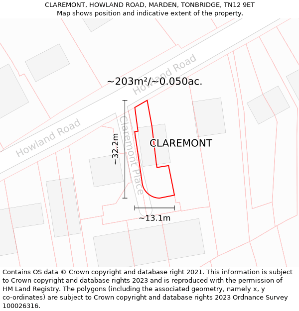 CLAREMONT, HOWLAND ROAD, MARDEN, TONBRIDGE, TN12 9ET: Plot and title map